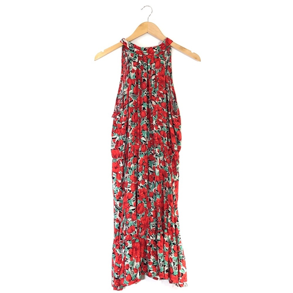 Naggoo Women's Summer Sleeveless Halter Floral Red Roses Ruffle Mini Dress L NWT